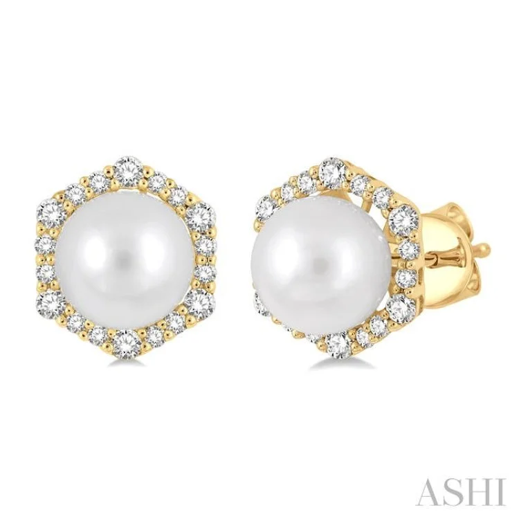 Ladies engagement earrings-7X7MM Cultured Pearls and 1/3 Ctw Hexagon Shape Round Cut Diamond Earrings in 14K Yellow Gold