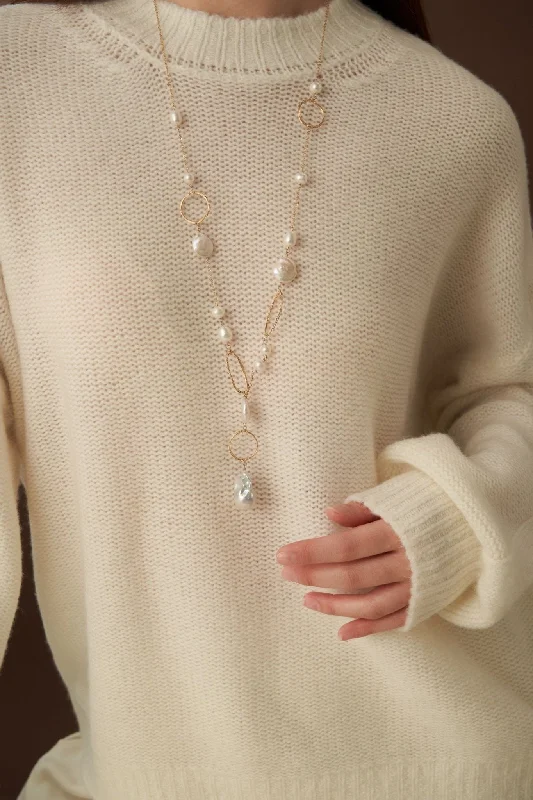 Ladies layered silver necklace-Miracle Baroque Series Pearl Long Necklace with Geometric Patterns/Sweater Chain