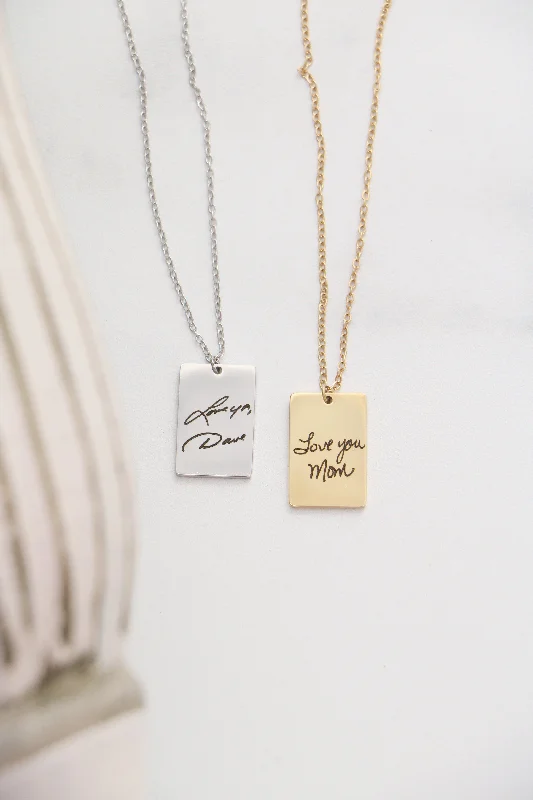 Ladies long gold necklace-handwriting rectangle necklace { silver + gold }