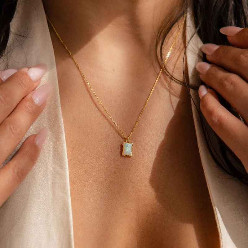 Ladies simple gold necklace-White Opal Rectangle Necklace