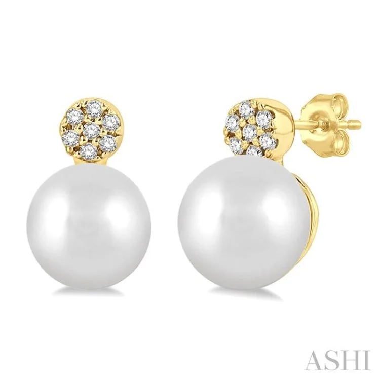 Ladies luxury gemstone earrings-1/20 ctw Petite 5.5MM Cultured Pearls and Round Cut Diamond Fashion Earring in 10K Yellow Gold