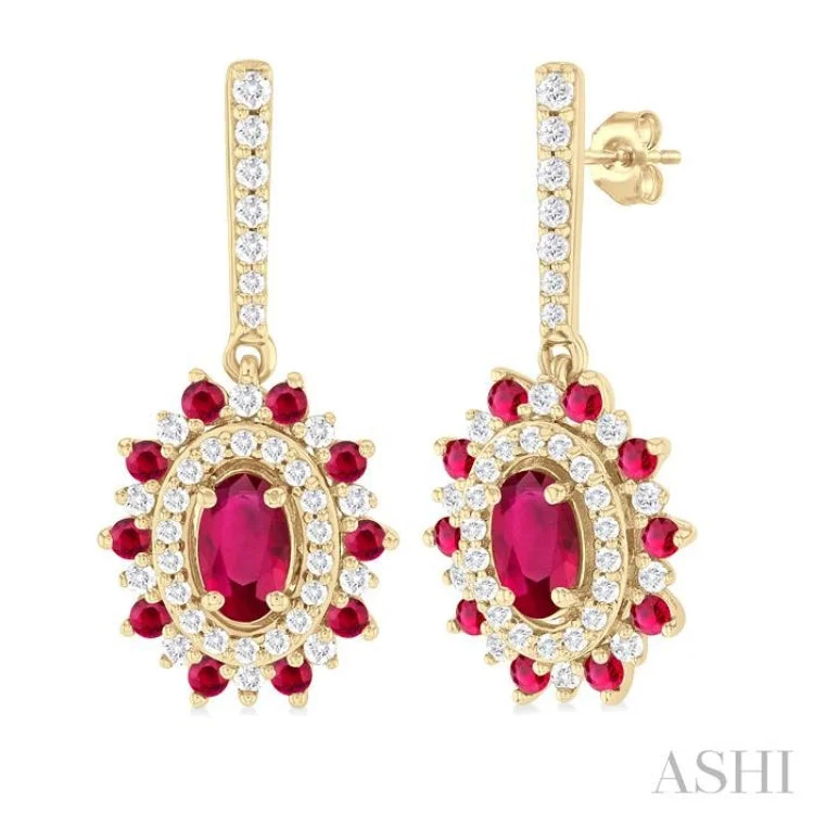 Ladies earrings for wedding-1/3 ctw 5X3MM & 1.45MM Ruby and Round Cut Diamond Precious Earring in 14K Yellow Gold