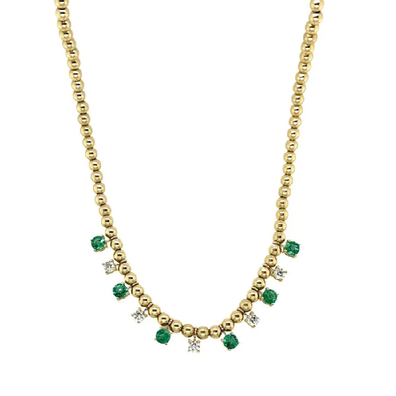 Ladies custom necklace-EMERALD & DIAMOND SPRINKLE BALL CHAIN NECKLACE