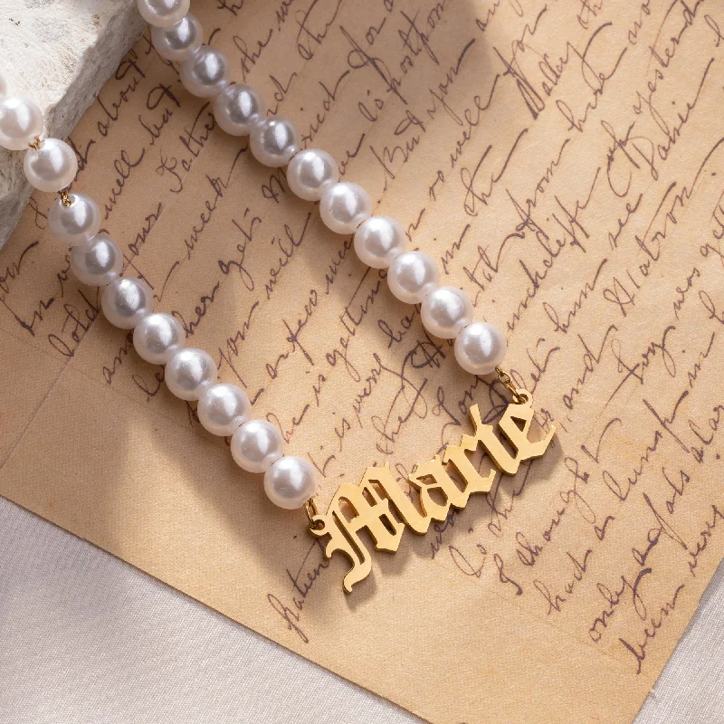 Ladies charm necklace-Gothic Pearl Name Necklace