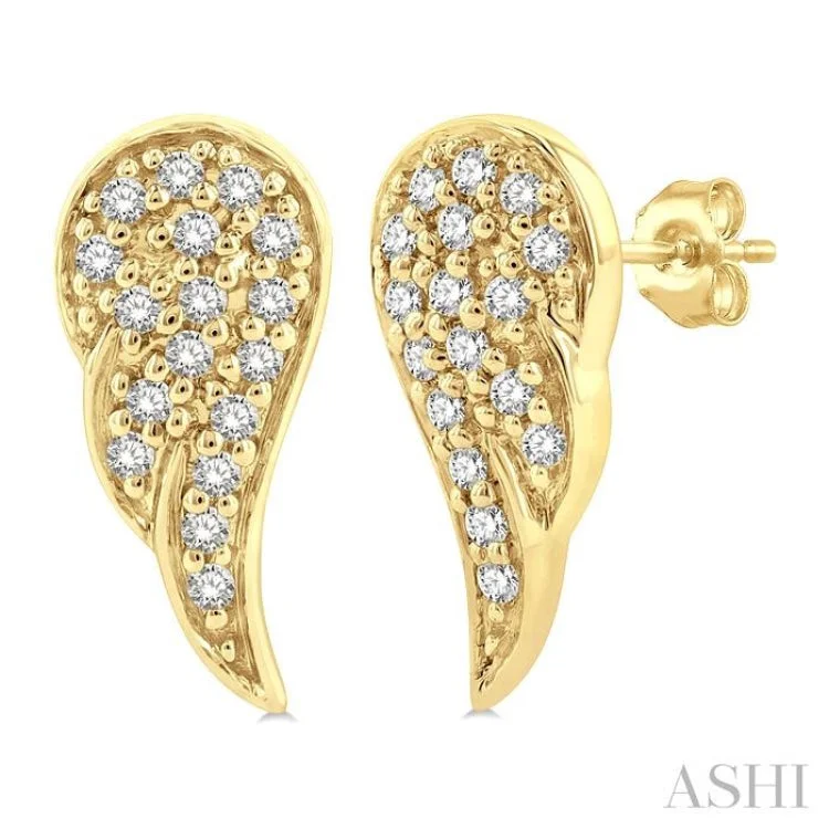 Ladies custom earrings-1/10 ctw Petite Angel Wings Round Cut Diamond Fashion Stud Earring in 10K Yellow Gold