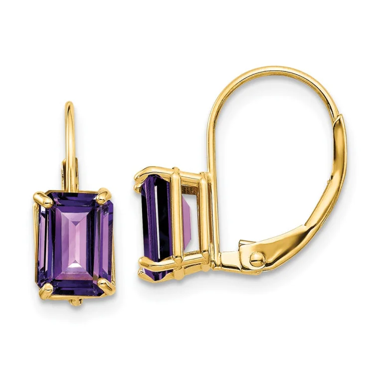 Ladies vintage chandelier earrings-14k 7x5mm Emerald Cut Amethyst Leverback Earrings