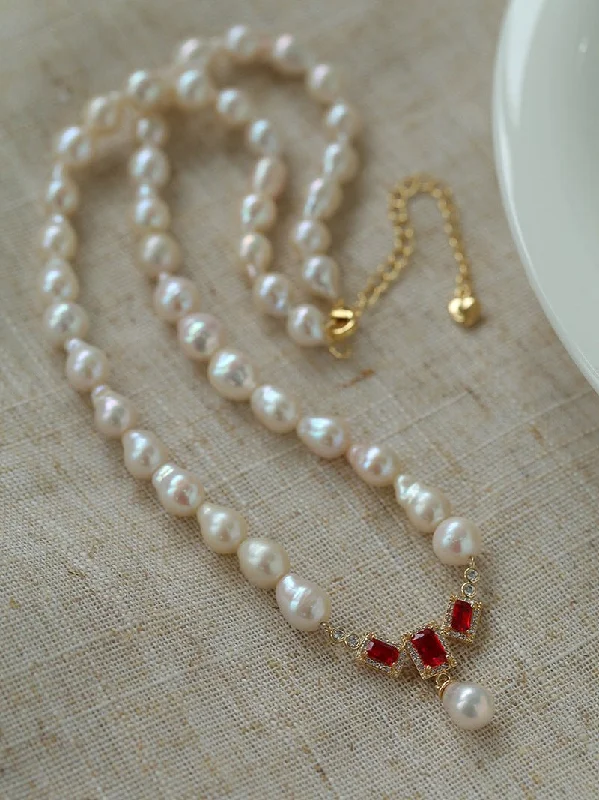 Ladies hand-crafted necklace-Seiko Ruby Water Drop Pearl Beaded Necklace