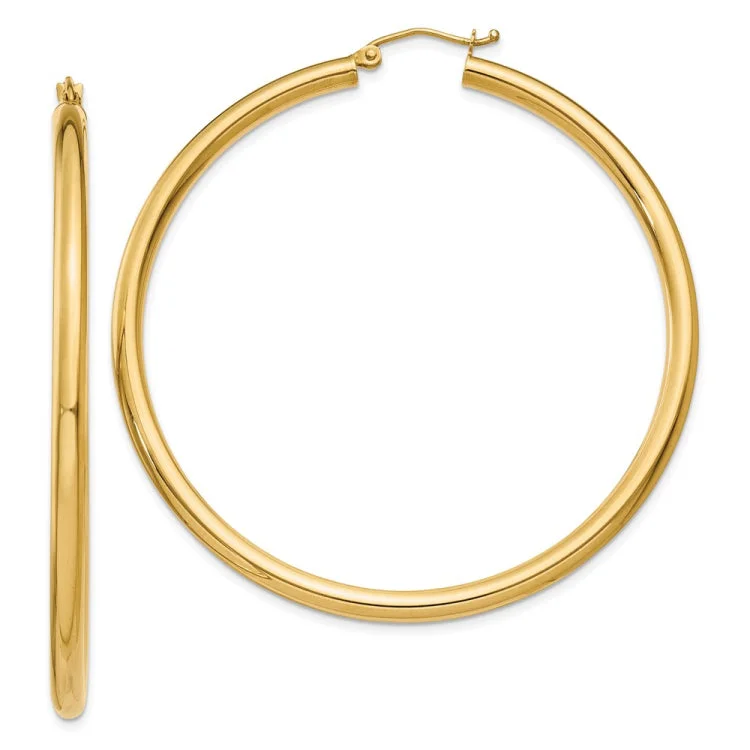 Ladies minimalist gold earrings-14K Polished 3mm Lightweight Tube Hoop Earrings