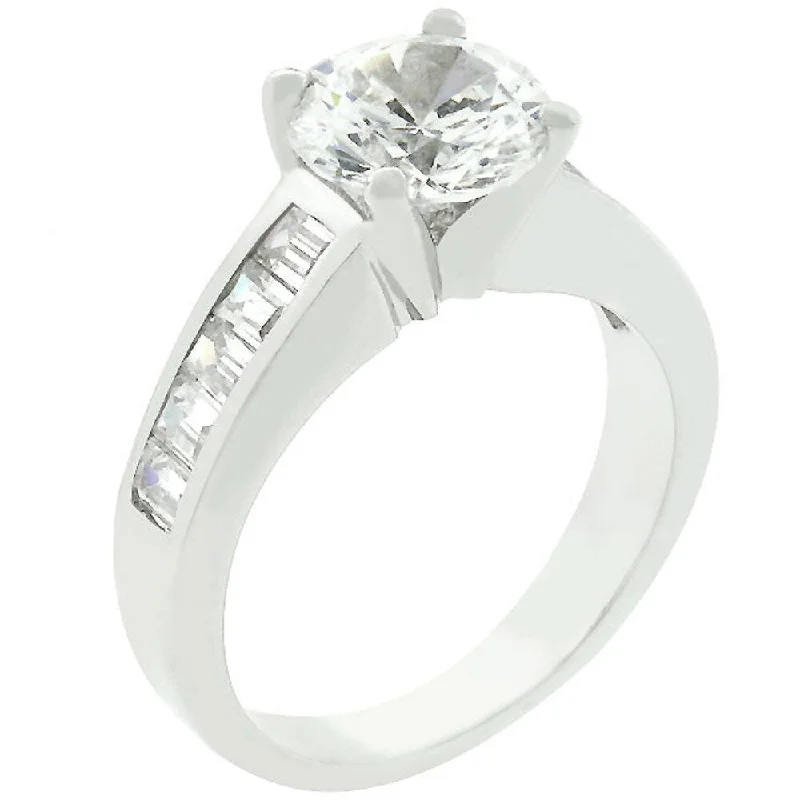 Ladies engagement ring with diamond band-Classic Rhodium Plated Engagement Ring