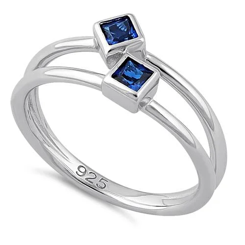 Ladies diamond ring-Sterling Silver Double Princess Cut Blue Spinel CZ Ring