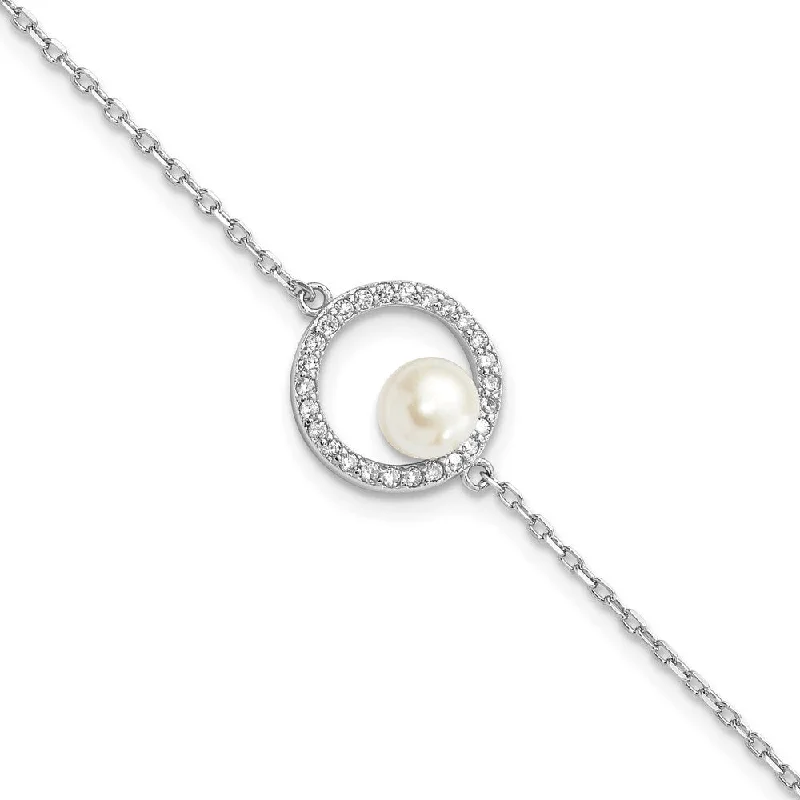 Ladies vintage bracelet-925 Sterling Silver Rhodium-plated Cubic Zirconia 6-7mm White Button FWC Pearl Bracelet, 7.75" w/1.25in Extender