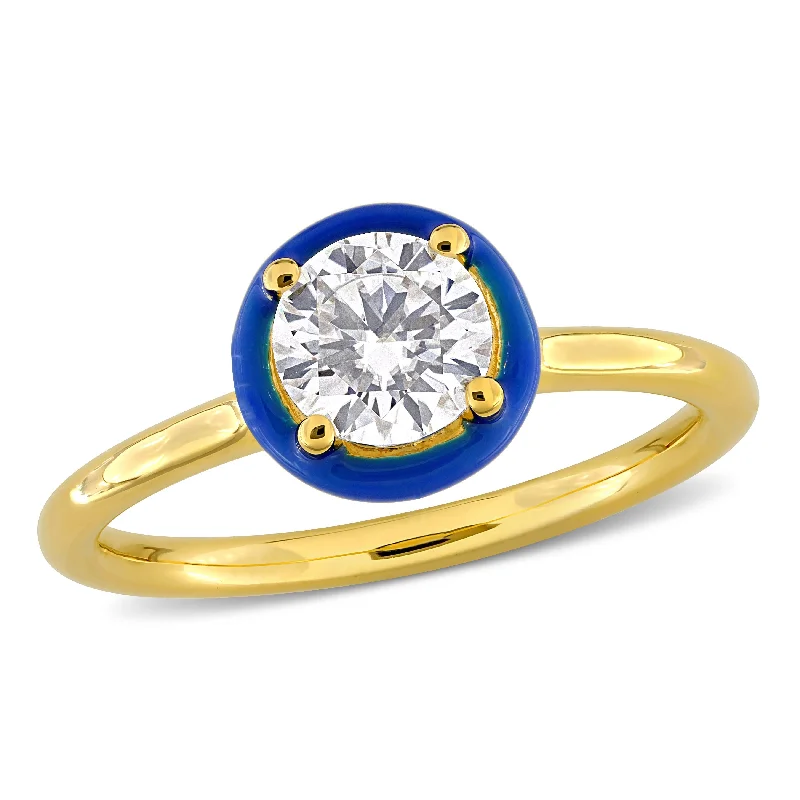 Ladies elegant diamond engagement ring-Miadora 3/4ct DEW Moissanite with Blue Enamel Solitaire Engagement Ring in Yellow Silver