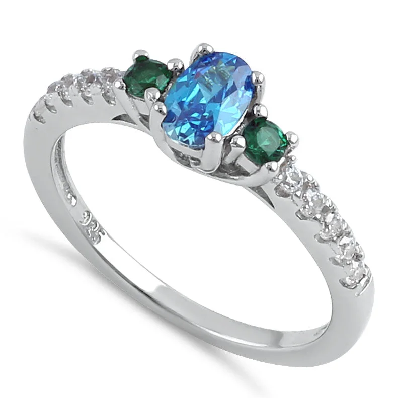 Ladies adjustable gemstone ring-Sterling Silver Enchanted Oval Green and Blue Topaz CZ Ring