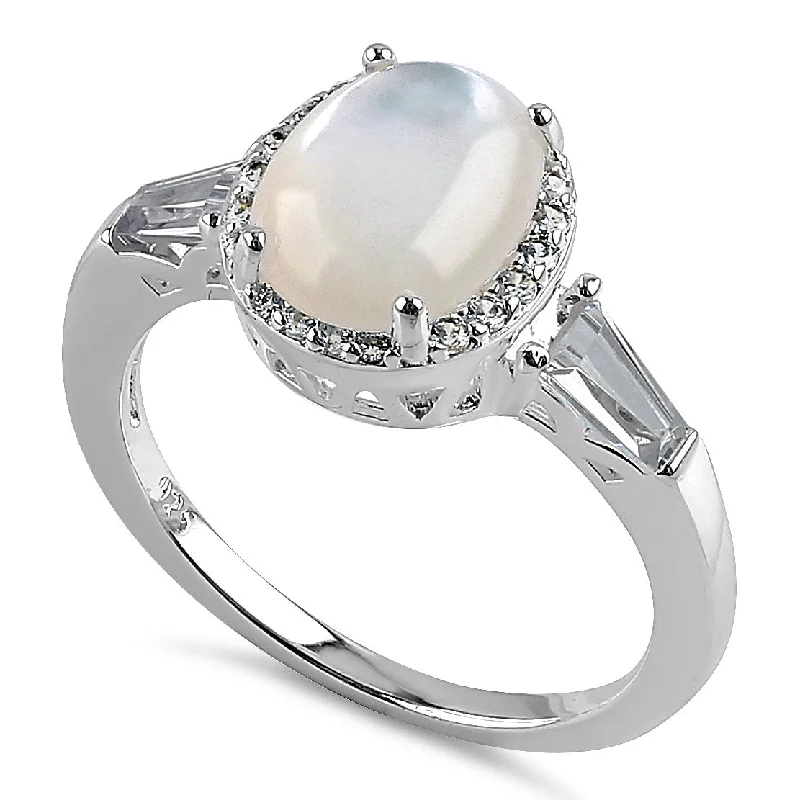 Ladies gemstone ring-Sterling Silver Oval Mother of Pearl CZ Ring