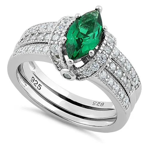 Ladies diamond wedding band-Sterling Silver Marquise Emerald Clear CZ Set Ring