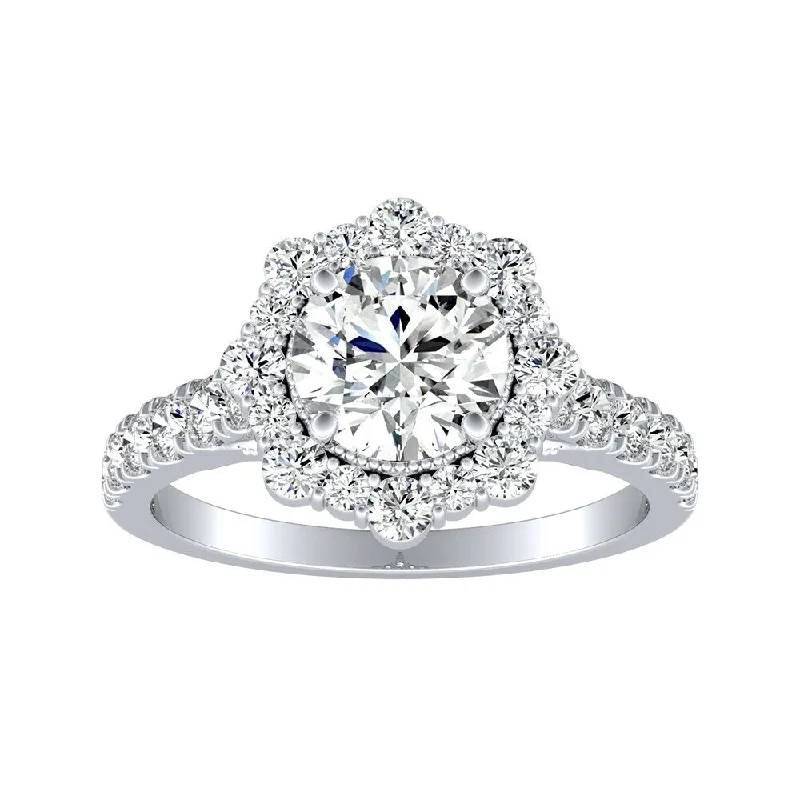 Ladies custom engagement ring-Auriya 14k Gold Round Vintage 1ct Moissanite and 3/4ct TDW Halo Diamond Engagement Ring