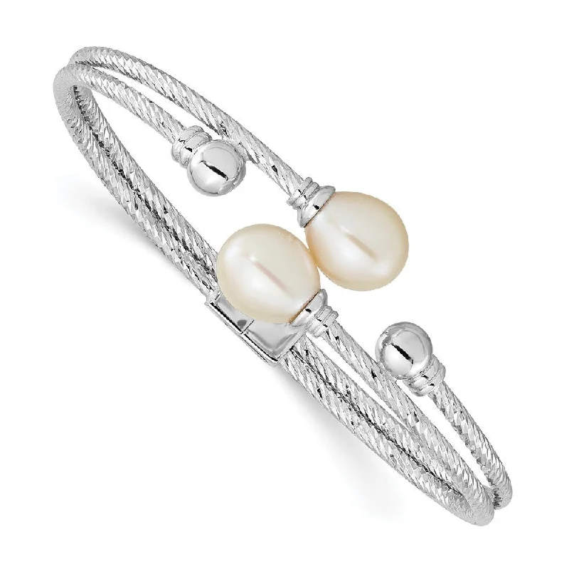 Ladies modern bracelet-925 Sterling Silver Rhodium-plated White Teardrop FWC Pearl Hinged Bangle Bracelet, 6" (W-4.95mm)