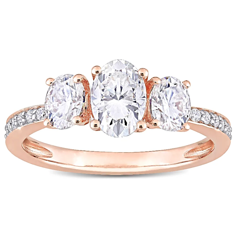 Ladies cushion cut halo engagement ring-Miadora 1 4/5ct DEW Moissanite 3-Stone Engagement Ring in 10k Rose Gold