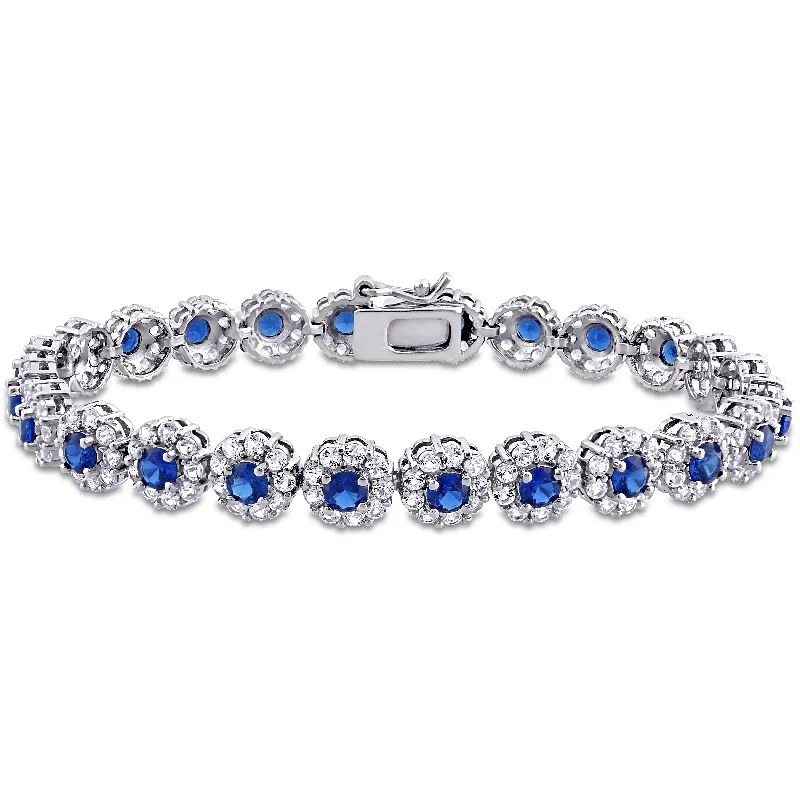 Ladies bracelet set-11-1/3ct TGW Created Blue and White Sapphire Halo Floral Tennis Bracelet in Sterling Silver by Miadora - 7 in x 7.5 mm x 3 mm