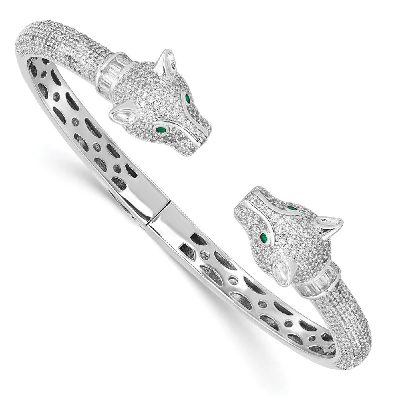 Ladies colorful bracelet-925 Sterling Silver Rhodium-plated Cubic Zirconia Lioness Hinged Cuff Bangle Bracelet (20.38grm)