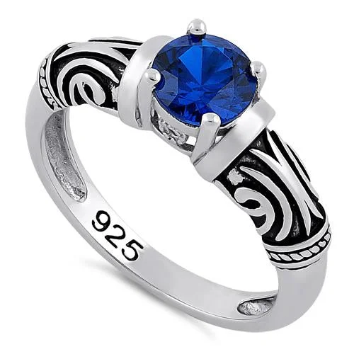 Ladies modern wedding band-Sterling Silver Tribal Round Cut Blue Spinel CZ Ring