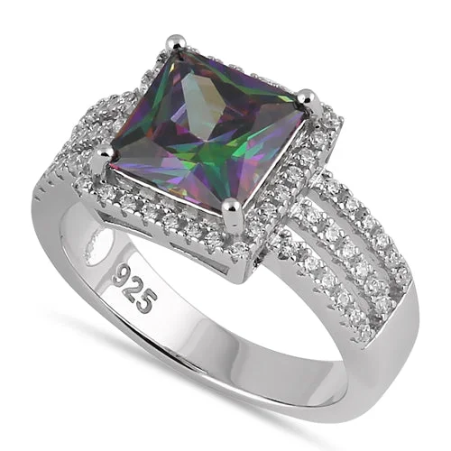 Ladies multi-stone ring-Sterling Silver Rainbow Princess-Cut CZ Ring