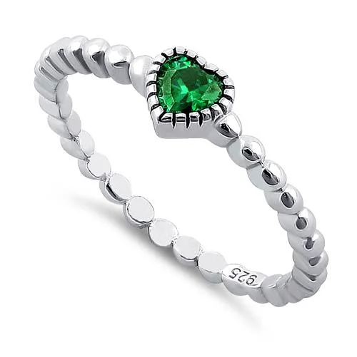 Ladies princess-cut engagement ring-Sterling Silver Beaded Emerald Heart CZ Ring