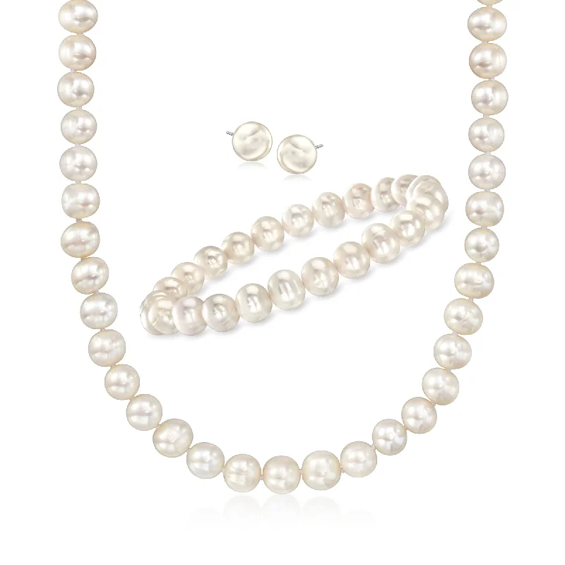 Ladies beaded bracelet-Ross-Simons 8.5-9mm Cultured Pearl Jewelry Set: Earrings, Bracelet and Necklace in Sterling Silver