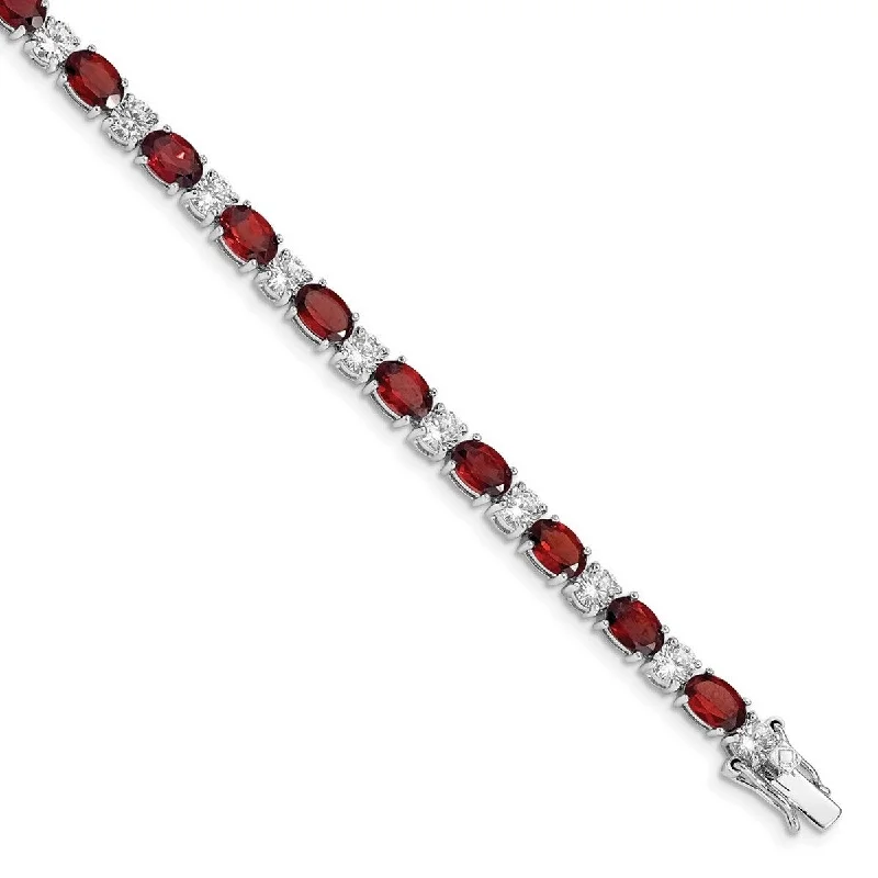 Ladies adjustable bangle bracelet-Curata 925 Sterling Silver Polished Box Catch Closure Garnet and CZ Cubic Zirconia Simulated Diamond Bracelet 7.5 Inch Box Clasp