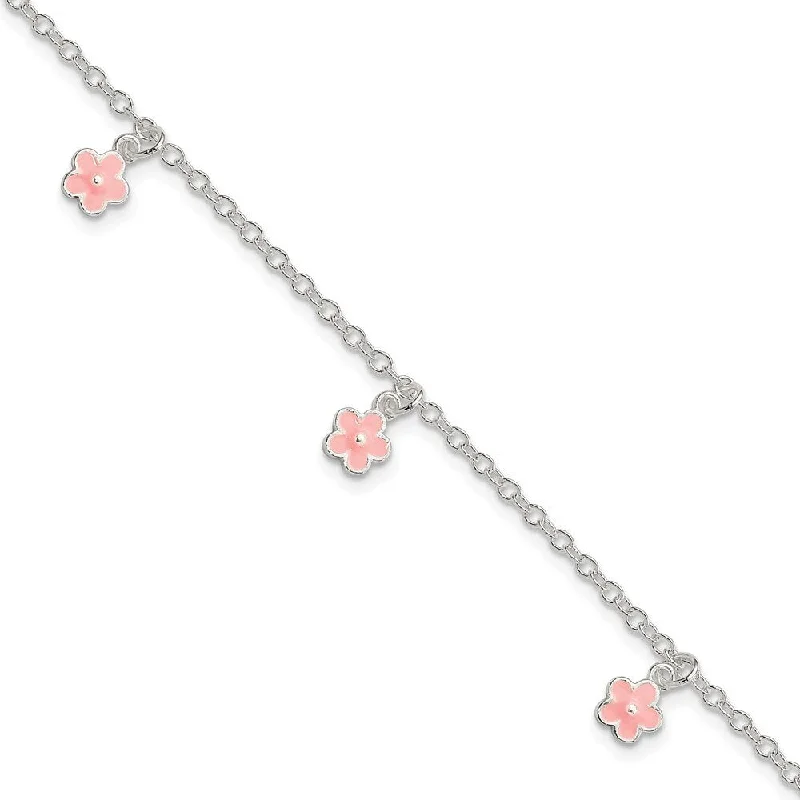 Ladies adjustable bracelet-925 Sterling Silver Pink Enamel Flower Kid's Bracelet, 5.5" w/1.5in Extender