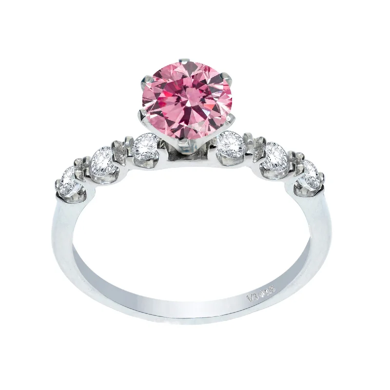 Ladies engagement ring with fancy diamonds-Sterling Silver Pink Moissanite and White Topaz Engagement Ring