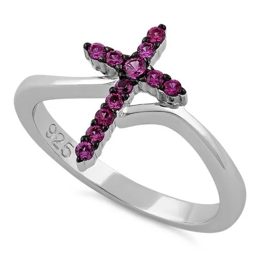 Ladies luxury gemstone ring-Sterling Silver Cross Pink CZ Ring