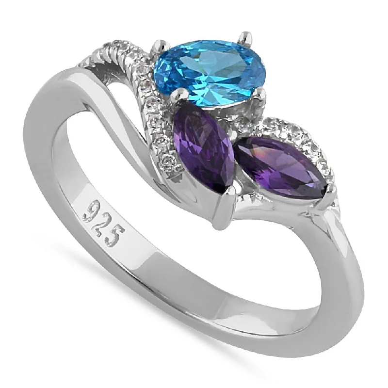 Ladies gold engagement ring-Sterling Silver Blue Topaz Oval Amethyst Marquise CZ Ring