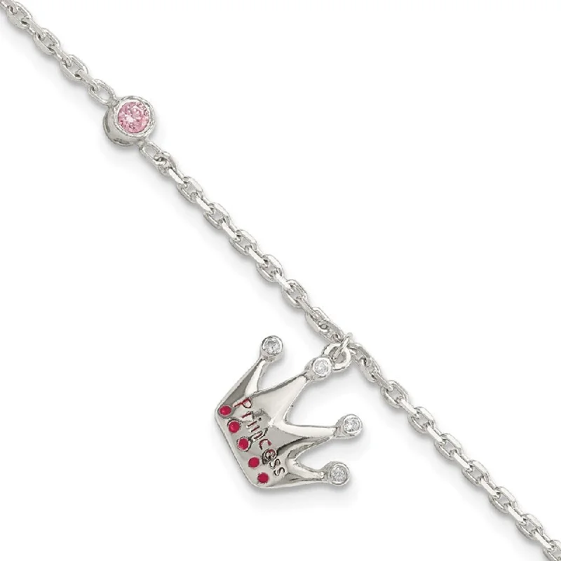 Ladies silver bracelet set-925 Sterling Silver Kids Pink Cubic Zirconia Enameled Princess Crown Bracelet, 6" (W-13.4mm)