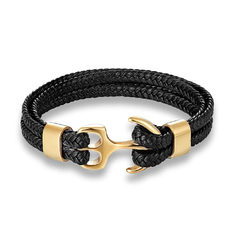 Ladies handmade bracelet-18K Gold Multi Row Black Leather Anchor Bracelet