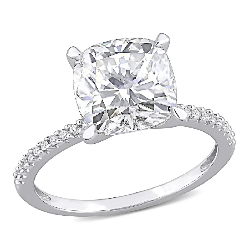 Ladies simple diamond engagement ring-Cushion-Cut Moissanite & 1/10ct TDW Diamond Engagement Ring in 14k White Gold by Miadora