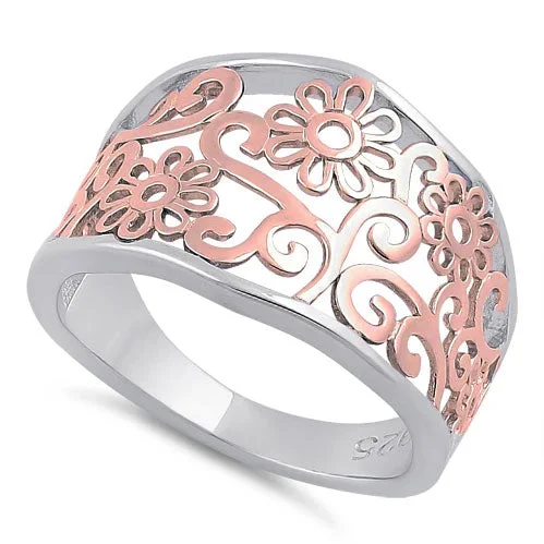 Ladies classic ring-Sterling Silver Two Tone Rose Gold Plated Plumeria Flower Ring