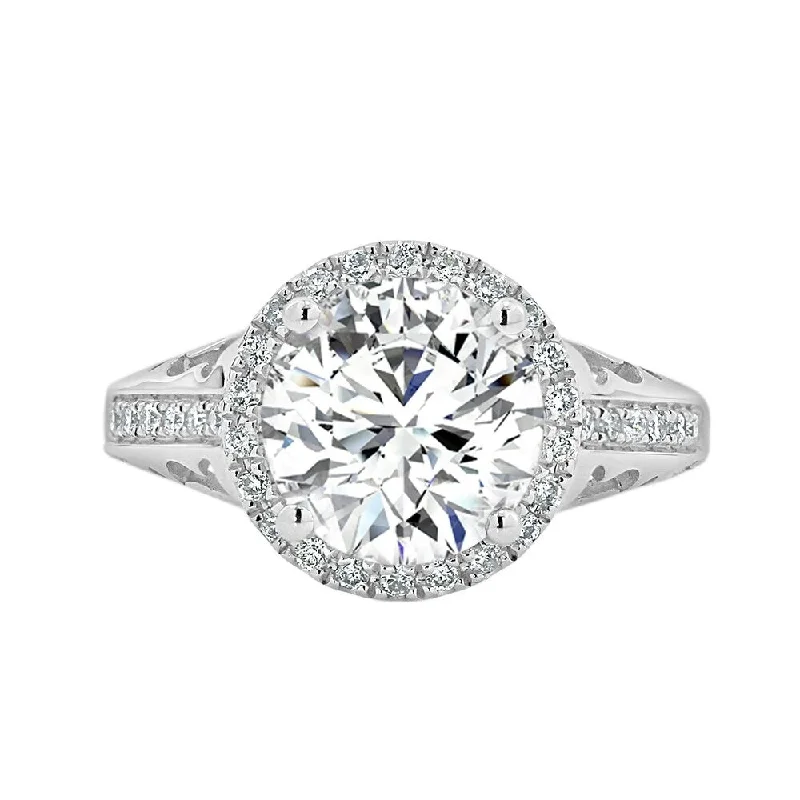 Ladies engagement ring with white diamonds-Round 1 1/3ct Moissanite and 1/5ct TDW Diamond Halo Engagement Ring