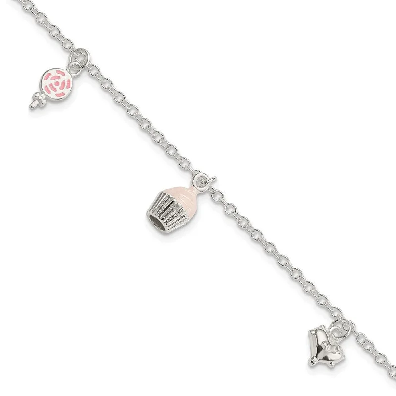 Ladies pearl bracelet-925 Sterling Silver Children's Enameled Lollipop/Cupcake/Heart Bracelet, 5.5" w/1.5in Extender