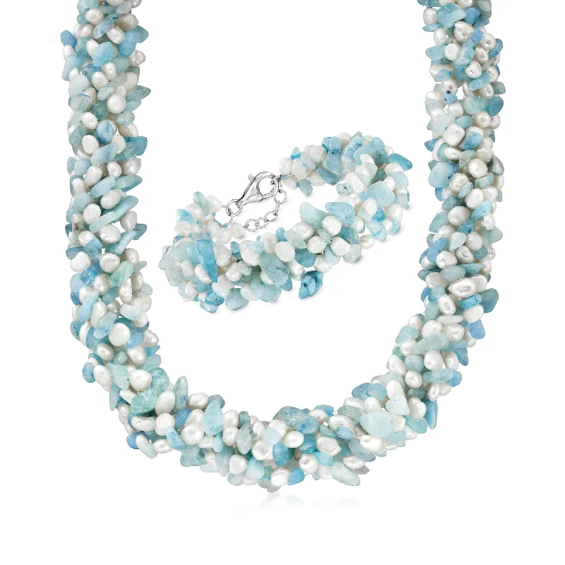 Ladies wedding bangle-Ross-Simons Aquamarine Bead and 5-6mm Cultured Pearl Torsade Necklace With Free Bracelet