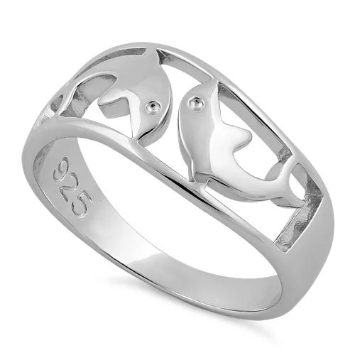 Ladies gold ring-Sterling Silver Double Dolphin Ring