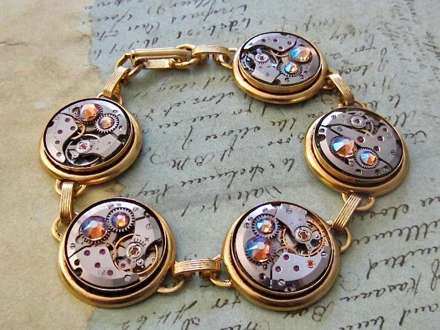 Ladies bangle with diamonds-Steampunk Jewelry Bracelet - In the Works - Steampunk watch parts bracelet - Charm Bracelet