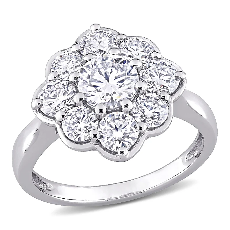 Ladies platinum solitaire engagement ring-Miadora 2 3/8ct DEW Moissanite Halo Floral Engagement Ring in 10k White Gold