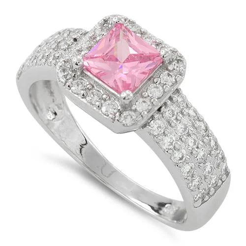 Ladies princess-cut engagement ring-Sterling Silver Pink Princess Cut CZ Ring