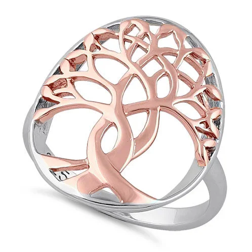 Ladies diamond solitaire ring-Sterling Silver Two Tone Rose Gold Plated Tree of Life Ring