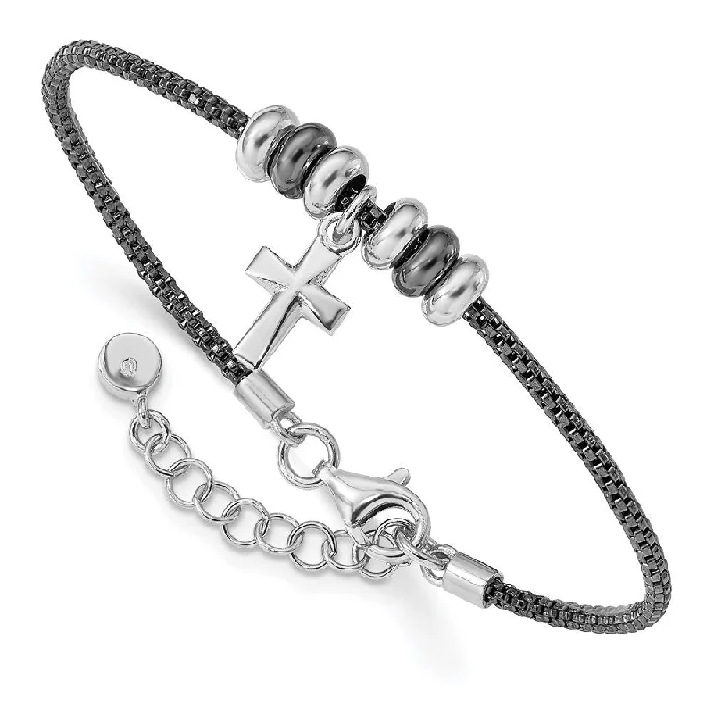 Ladies bangles set-925 Sterling Silver Rhodium and Ruth-plated Cross Bracelet, 7" w/1in Extender