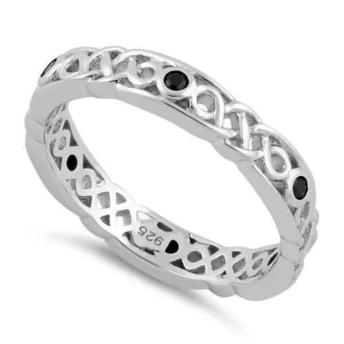 Ladies personalized ring-Sterling Silver Braided Eternity Black CZ Ring