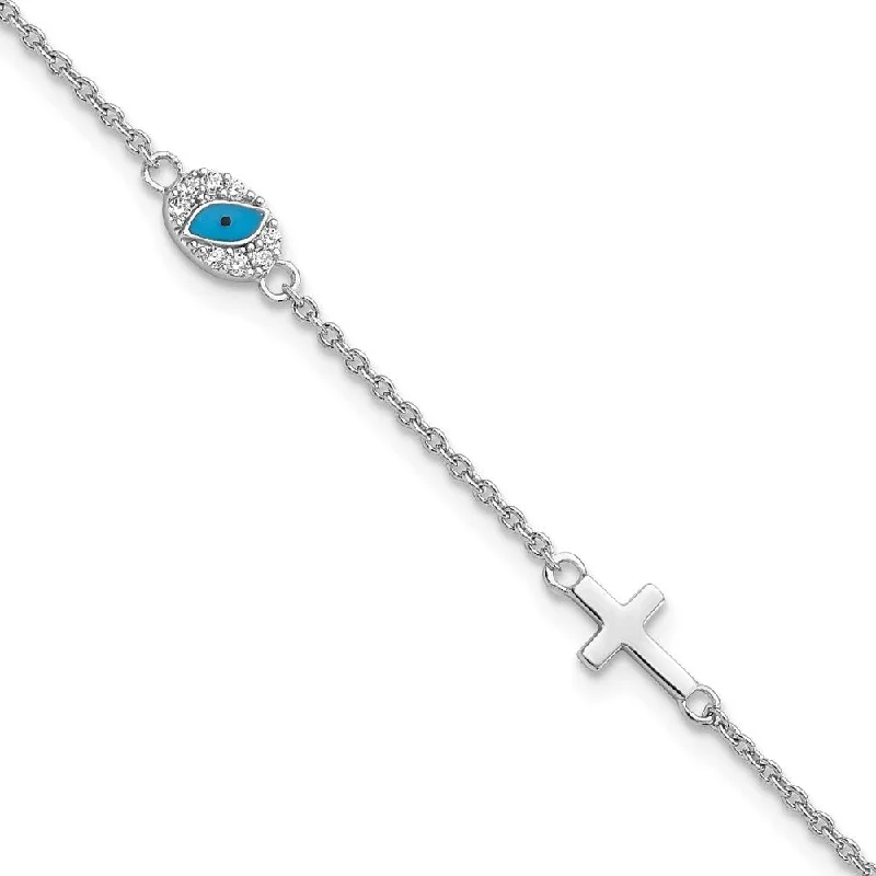 Ladies bangles with charms-925 Sterling Silver Rhodium Cubic Zirconia Enamel Cross Bracelet, 7.5" w/1in Extender