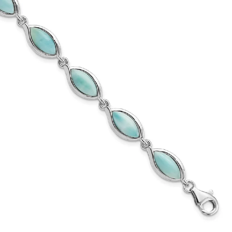 Ladies diamond tennis bracelet-925 Sterling Silver Rhodium-plated Marquise Shape Larimar Bracelet, 8" (W-7.62mm)