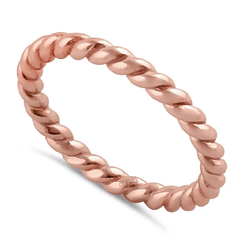 Ladies silver band ring-Sterling Silver Rose Gold Plated Stackable Rope Ring